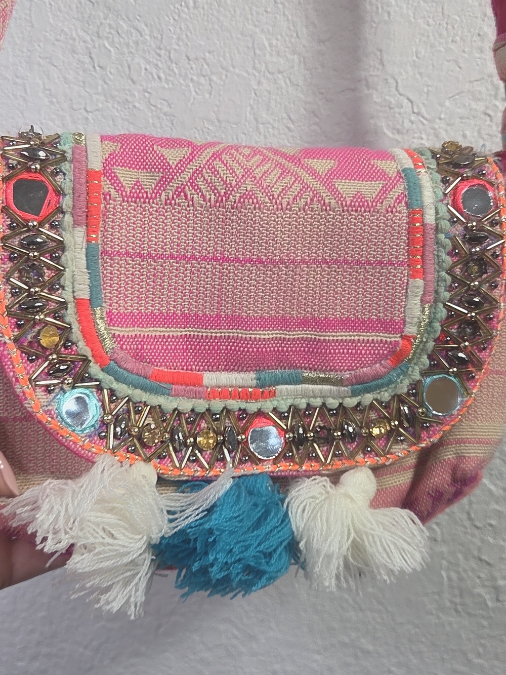 Handmade Boho Chic Banjara Embroidered Crossbody Bag Pom Poms & Mirrors